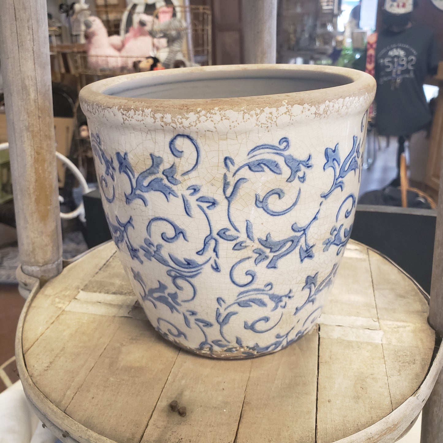 Blue/Cream Floral Clay Pot