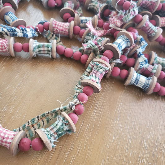 Homespun Wooden Spool and Red Bead Garland