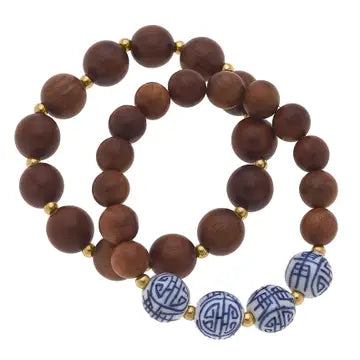 Wood/Blue Bead Bracelet Set