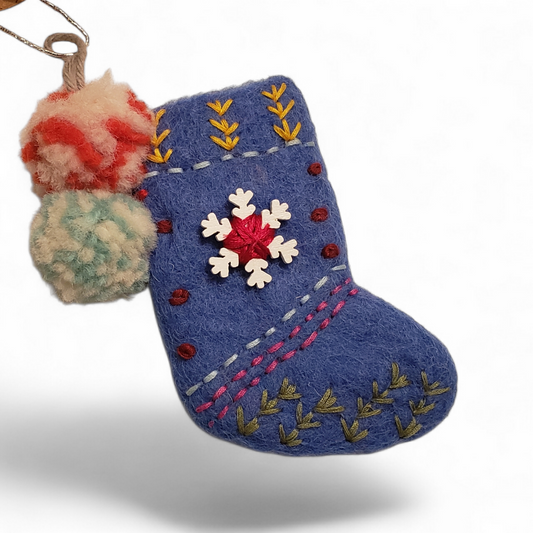 Embroidered Wool Felt Stocking Ornament with pom poms