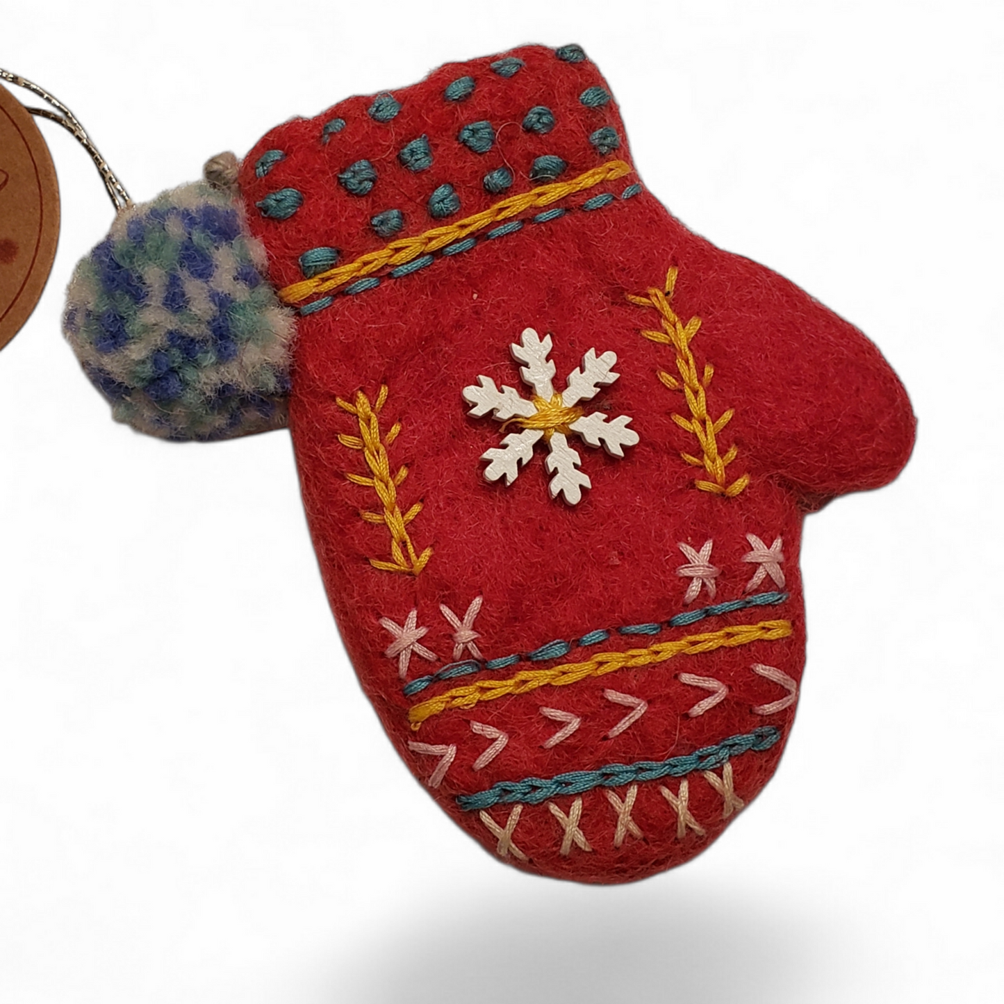 Embroidered Wool Felt Mitten Ornament with pom poms