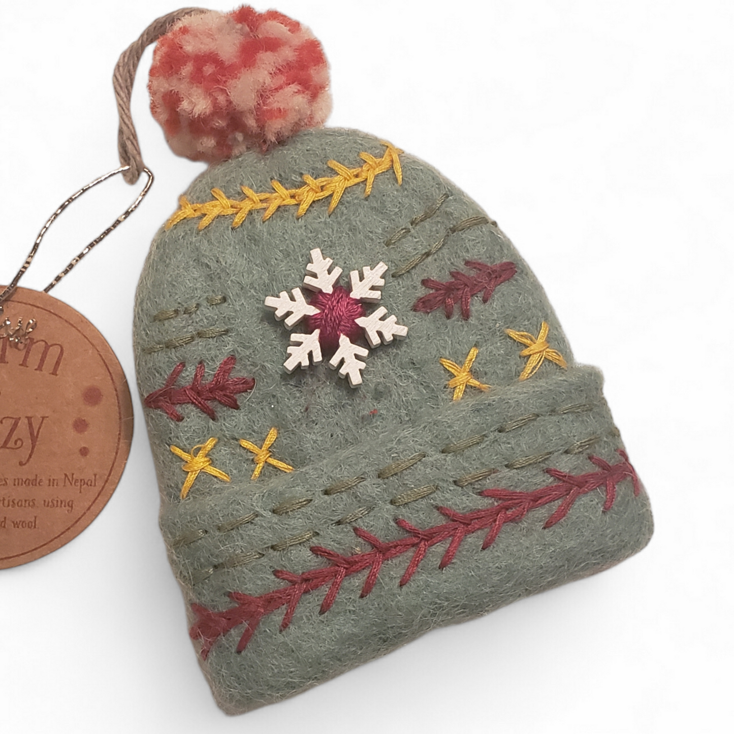 Embroidered Wool Felt Hat Ornament with pom poms