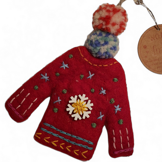 Embroidered Wool Felt Sweater Ornament with pom poms