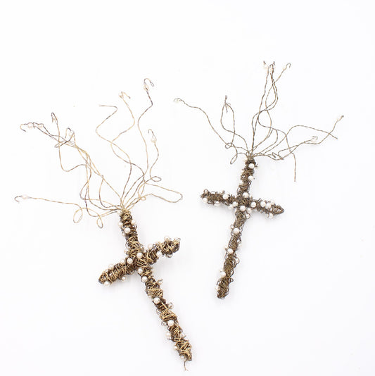 White Bead/Gold Wire Cross